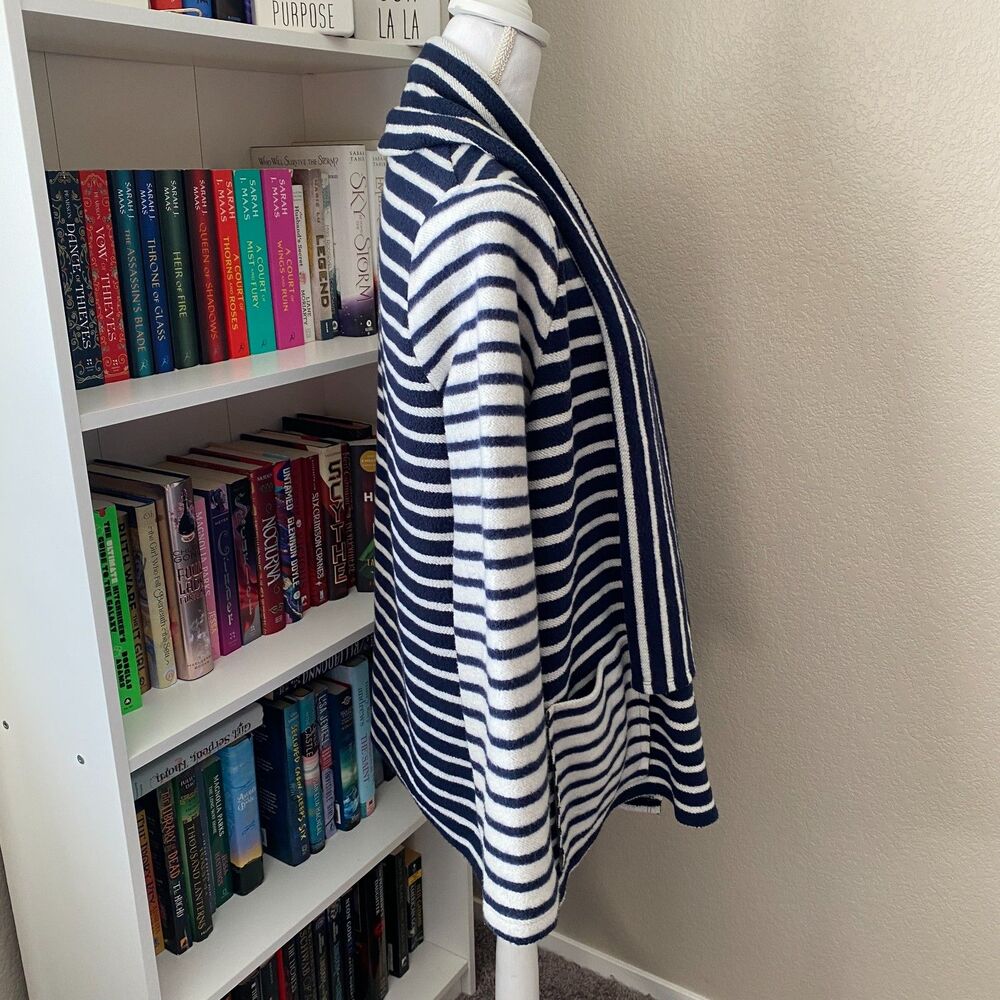 Anthropologie STARK X Navy White Stripe Skipper Sweater Stripe Cardigan Size LP - Picture 7 of 10
